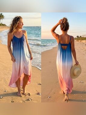 SHEIN VCAY Ombre Blue Pink Cutout Back Spaghetti Strap Cami Maxi Dress Beach M